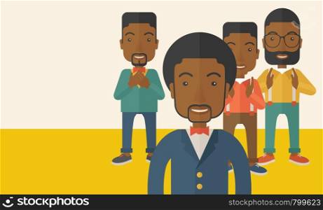A handsome black businessmen happy standing showing for their successful in life. . A Contemporary style with pastel palette, soft beige tinted background. Vector flat design illustration. Horizontal layout with text space in left side.. Handsome black businessmen.
