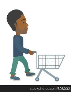 A handsome black guy pushing an empty cart. A contemporary style. Vector flat design illustration with isolated white background. Vertical layout. Man with empty cart.