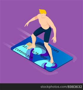 A handsome blond is surfing a bank card. Isometric young man with surf credit card.