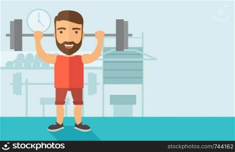 A handsome caucasian man lifting a barbell with fitness attire inside the gym. Contemporary style with pastel palette, soft blue tinted background. Vector flat design illustrations. Horizontal layout.. Handsome man lifting a barbell