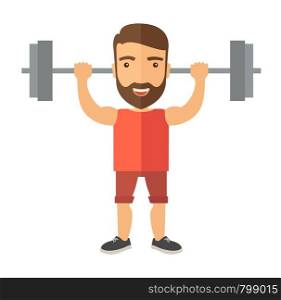 A handsome caucasian man lifting a barbell with fitness attire inside the gym. A Contemporary style. Vector flat design illustration isolated white background. Square layout. Handsome man lifting a barbell