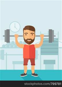 A handsome caucasian man lifting a barbell with fitness attire inside the gym. Contemporary style with pastel palette, soft blue tinted background. Vector flat design illustrations. Vertical layout with text space on top part.. Handsome man lifting a barbell