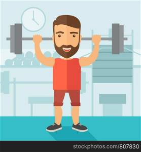 A handsome caucasian man lifting a barbell with fitness attire inside the gym. Contemporary style with pastel palette, soft blue tinted background. Vector flat design illustrations. Square layout.. Handsome man lifting a barbell