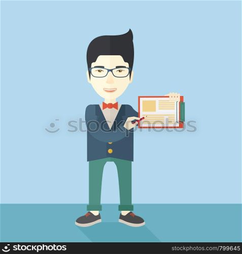 A handsome hipster Caucasian man wearing blue jacket holding his clipboard with paper where he wrote his report happily presenting his marketing plan. Marketing strategy concept. A contemporary style with pastel palette soft blue tinted background. Vector flat design illustration. Square layout. . Handsome asian man wearing blue jacket holding his clipboard.