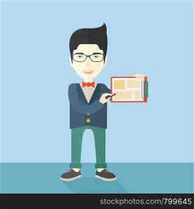 A handsome hipster Caucasian man wearing blue jacket holding his clipboard with paper where he wrote his report happily presenting his marketing plan. Marketing strategy concept. A contemporary style with pastel palette soft blue tinted background. Vector flat design illustration. Square layout. . Handsome asian man wearing blue jacket holding his clipboard.