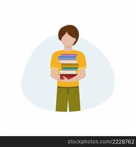 A handsome young guy holds a stack of books. A man with books. The concept of learning, knowledge and reading books. Vector flat illustration for an electronic library or bookstore.