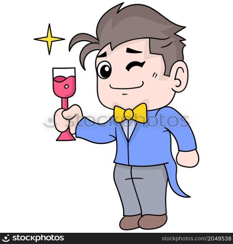 a handsome young man wearing a tuxedo holding a glass of wine during the party
