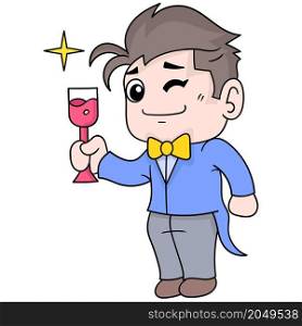 a handsome young man wearing a tuxedo holding a glass of wine during the party