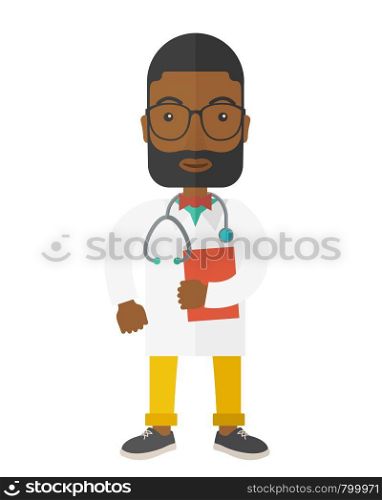 A happy african-american doctor in glasses holding a notepad vector flat design illustration isolated on white background. Vertical poster layout with a text space.. Doctor.