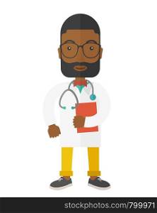A happy african-american doctor in glasses holding a notepad vector flat design illustration isolated on white background. Vertical poster layout with a text space.. Doctor.