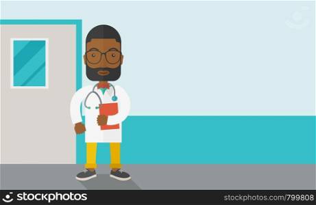 A happy african-american doctor in glasses standing and holding a notepad vector flat design illustration isolated on white background. Horizontal layout with a text space for a social media post.. Doctor.