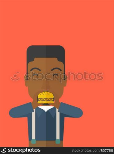 A happy african-american man eating hamburger vector flat design illustration. Vertical layout with a text space.. Man eating hamburger.