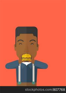 A happy african-american man eating hamburger vector flat design illustration. Vertical layout with a text space.. Man eating hamburger.