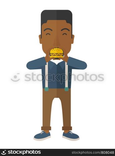 A happy african-american man eating hamburger vector flat design illustration isolated on white background. Vertical layout.. Man eating hamburger.