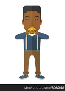 A happy african-american man eating hamburger vector flat design illustration isolated on white background. Vertical layout.. Man eating hamburger.