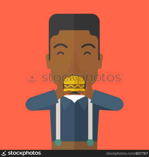 A happy african-american man eating hamburger vector flat design illustration. Square layout.. Man eating hamburger.