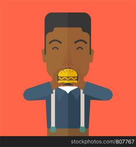 A happy african-american man eating hamburger vector flat design illustration. Square layout.. Man eating hamburger.