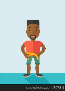 A happy african-american man measures his waist vector flat design illustration. Sport concept. Vertical layout with a text space.. Man measuring waist.