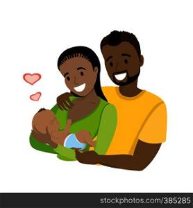 A happy african american married couple with a newborn baby, cartoon vector illustration. A happy african american married couple with a newborn baby,