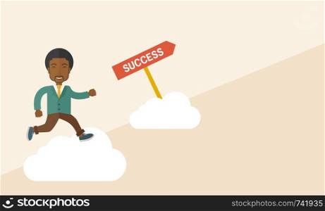 A happy african businessman smiling while jumping above the cloud for his succeess. Business growth concept. A Contemporary style with pastel palette, soft beige tinted background. Vector flat design illustration. Horizontal layout.. Successful african businessman.