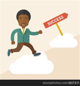 A happy african businessman smiling while jumping above the cloud for his succeess. Business growth concept. A Contemporary style with pastel palette, soft beige tinted background. Vector flat design illustration. Square layout.. Successful african businessman.