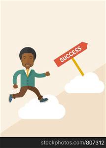 A happy african businessman smiling while jumping above the cloud for his succeess. Business growth concept. A Contemporary style with pastel palette, soft beige tinted background. Vector flat design illustration. Square layout.. Successful african businessman.
