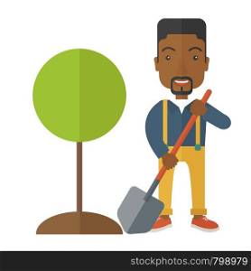 A happy african gardener planting a tree using in his yard using shovel under the heat of the sun. A Contemporary style. Vector flat design illustration isolated white background. Square layout.. African gardener plant a tree.