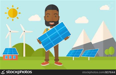 A happy african young man standing while holding a solar panel under the heat of the sun. A Contemporary style with pastel palette, soft blue tinted background with desaturated clouds. Vector flat design illustration. Horizontal layout.. African man holding a solar panel.