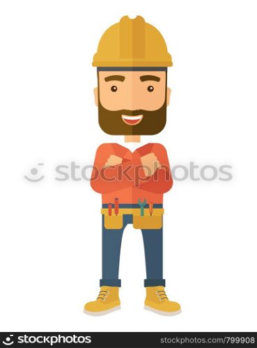 A happy and confident worker standing with crossed arms. . A Contemporary style. Vector flat design illustration isolated white background. Vertical layout.. Worker standing with crossed arms