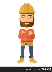 A happy and confident worker standing with crossed arms. . A Contemporary style. Vector flat design illustration isolated white background. Vertical layout.. Worker standing with crossed arms