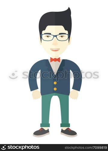 A happy asian businessman standing. Successful business concept. A Contemporary style. Vector flat design illustration isolated white background. Vertical layout.. Asian Businessman standing.
