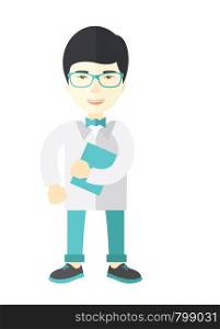 A happy asian doctor in glasses holding a notepad vector flat design illustration isolated on white background. Vertical layout.. Doctor.