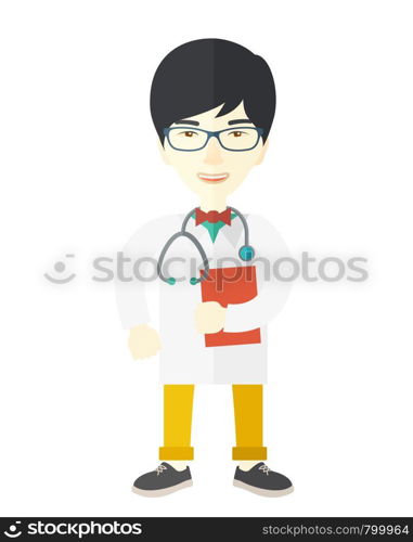 A happy asian doctor in glasses holding a notepad vector flat design illustration isolated on white background. Vertical layout.. Doctor.