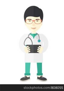 A happy asian doctor in glasses holding a radiograph vector flat design illustration isolated on white background. Vertical layout.. Doctor.