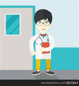A happy asian doctor in glasses standing and holding a notepad vector flat design illustration. Square layout.. Doctor.