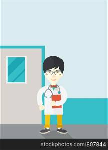 A happy asian doctor in glasses standing and holding a notepad vector flat design illustration. Vertical layout with a text space.. Doctor.