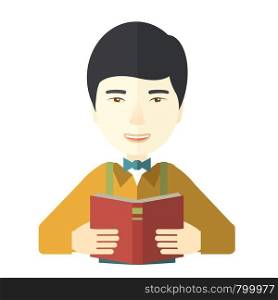 A happy asian doctor reding a book vector flat design illustration isolated on white background. Square layout.. Doctor with book.