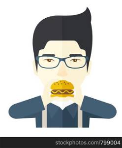 A happy asian man in glasses eating hamburger vector flat design illustration isolated on white background. Square layout.. Man eating hamburger.