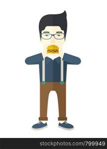A happy asian man in glasses eating hamburger vector flat design illustration isolated on white background. Vertical poster layout.. Man eating hamburger.