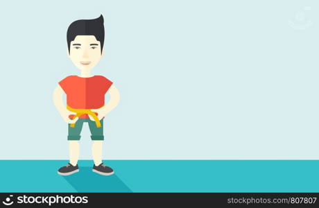 A happy asian man measures his waist vector flat design illustration. Sport concept. Horizontal layout with a text space.. Man measuring waist.