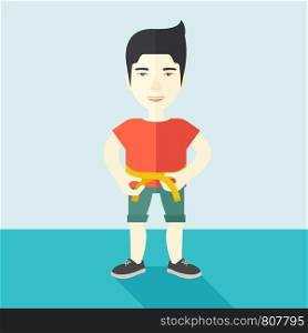 A happy asian man measures his waist vector flat design illustration. Sport concept. Square layout.. Man measuring waist.