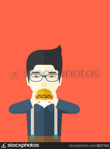 A happy asian man wearing glasses eating hamburger vector flat design illustration. Vertical poster layout with a text space.. Man eating hamburger.