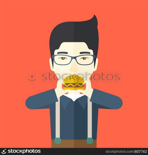 A happy asian man wearing glasses eating hamburger vector flat design illustration. Square layout.. Man eating hamburger.