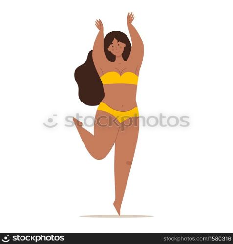A happy beautiful plump woman in a swimsuit dancing . Concept of body positivity, self-love, overweight. Flat vector female character
