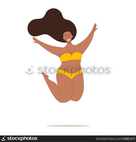 A happy beautiful plump woman in a swimsuit jumps. Concept of body positivity, self-love, overweight. Flat vector female character