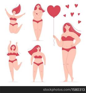 A happy beautiful plump women in swimsuit holding a heart-shaped balloon,dancing,jumping,hugs herself.Concept of body positivity,self-love,overweight.Flat vector character isolated on white background
