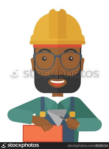 A happy black construction mason worker with trowel in hand wearing hard hat. A Contemporary style. Vector flat design illustration isolated white background. Vertical layout.. Black Mason man with trowel in hand