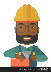 A happy black construction mason worker with trowel in hand wearing hard hat. A Contemporary style. Vector flat design illustration isolated white background. Vertical layout.. Black Mason man with trowel in hand
