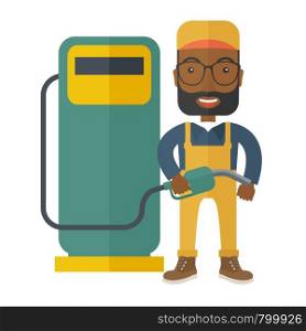 A happy black gasoline boy with gas pump. A Contemporary style. Vector flat design illustration isolated white background. Square layout . Gasoline boy with gas pump