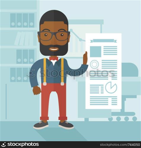 A happy black man standing inside his office showing his complete paper works report on time. Achievemnet concept. A Contemporary style with pastel palette, soft blue tinted background. Vector flat design illustration. Square layout. . Black man happy standing inside his office.